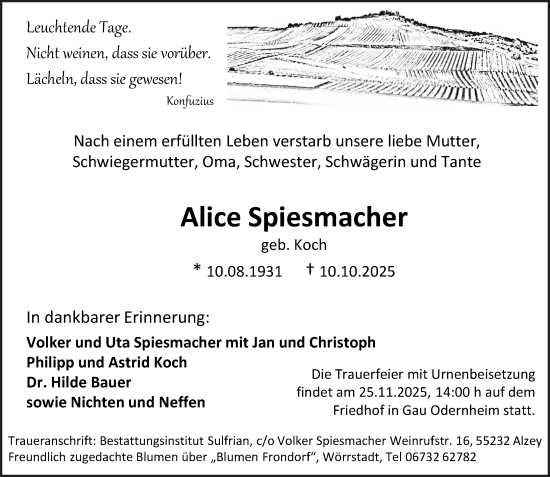 Traueranzeige von Alice Spiesmacher von Allgemeine Zeitung Alzey
