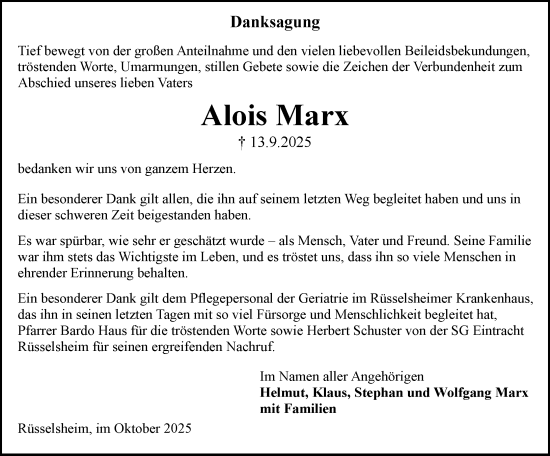 Traueranzeige von Alois Marx von Rüsselsheimer Echo