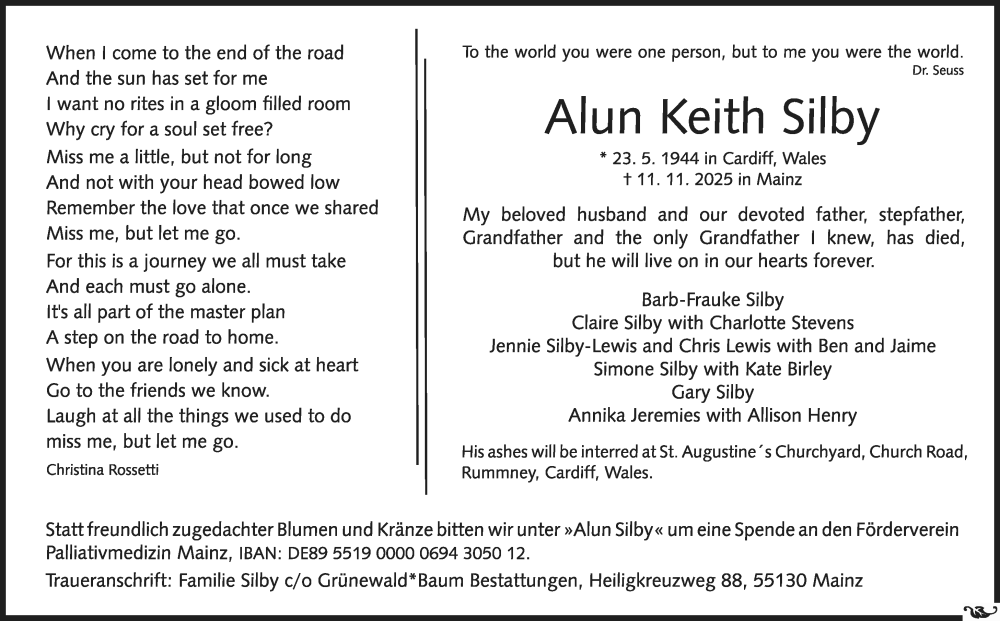  Traueranzeige für Alun Keith Silby vom 22.11.2025 aus Wiesbadener Kurier