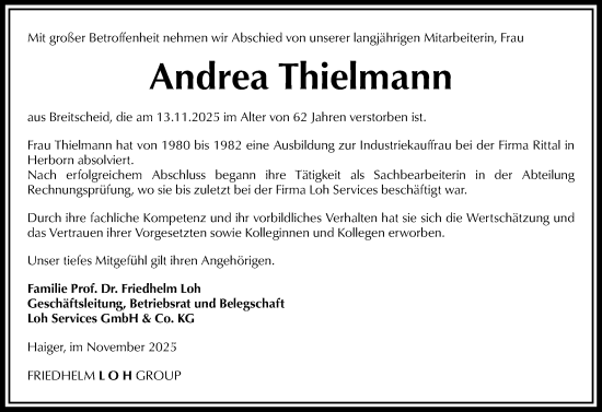 Traueranzeige von Andrea Thielmann von Dill Block