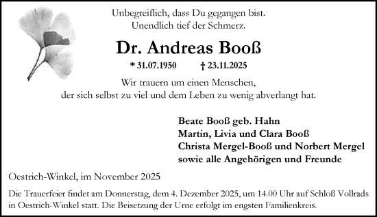 Traueranzeige von Andreas Booß von Wiesbadener Kurier
