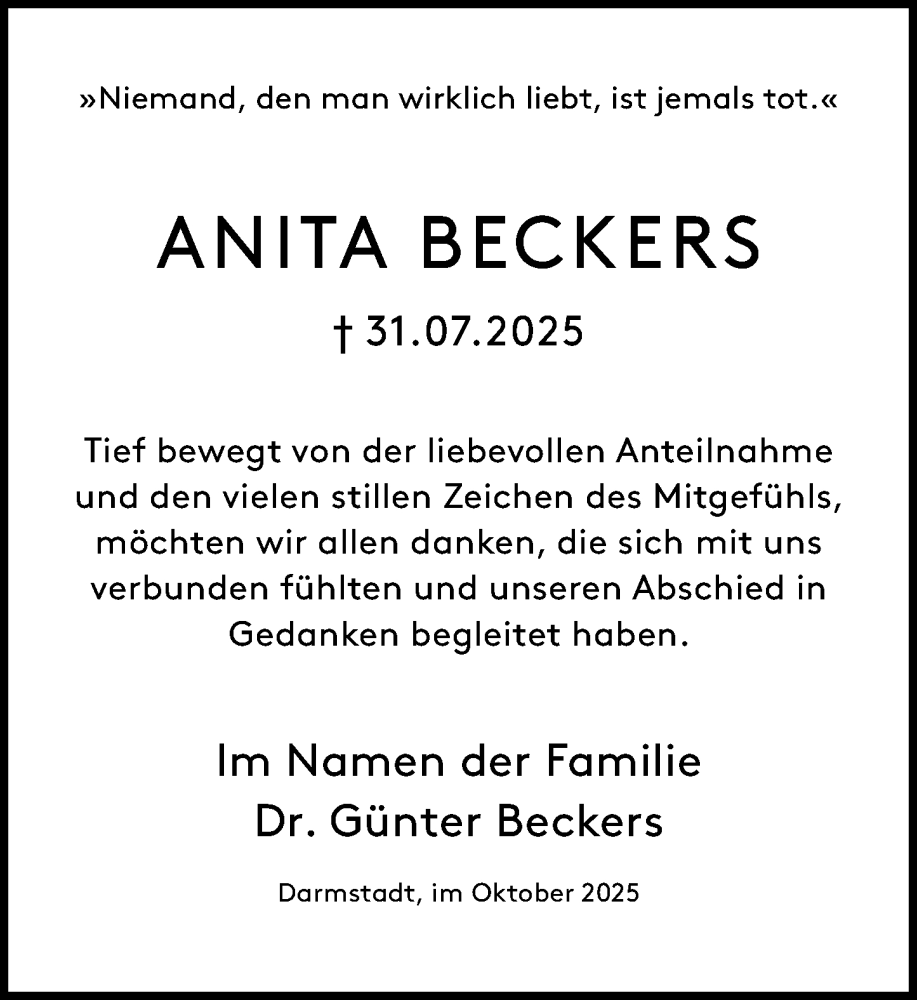  Traueranzeige für Anita Beckers vom 11.10.2025 aus Odenwälder Echo
