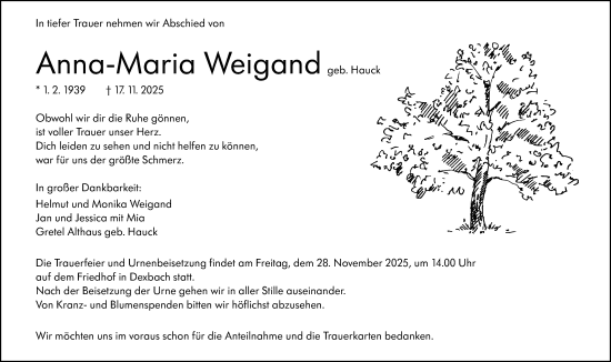 Traueranzeige von Anna-Maria Weigand von Hinterländer Anzeiger