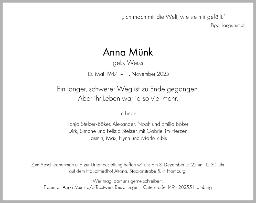 Traueranzeige für Anna Münk vom 15.11.2025 aus Wiesbadener Kurier