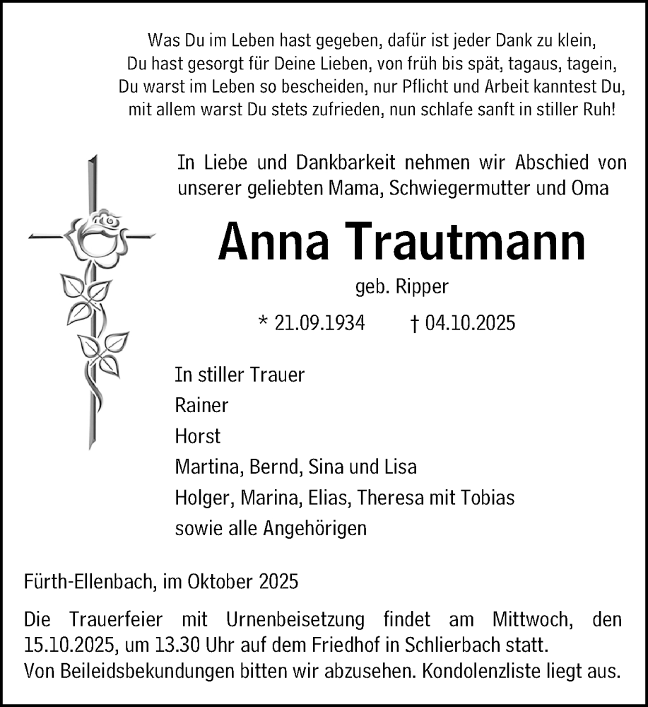  Traueranzeige für Anna Trautmann vom 11.10.2025 aus Starkenburger Echo