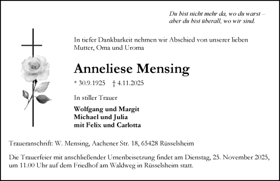 Traueranzeige von Anneliese Mensing von Rüsselsheimer Echo