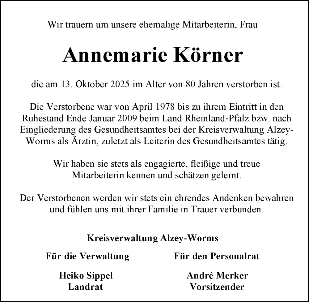  Traueranzeige für Annemarie Körner vom 03.11.2025 aus Wormser Zeitung