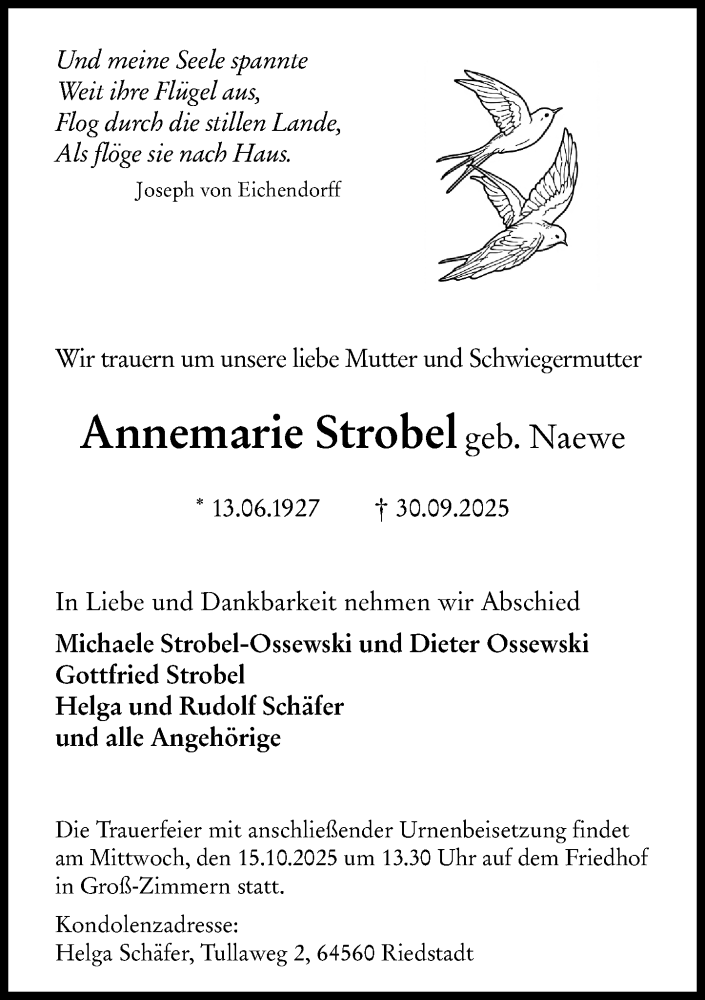  Traueranzeige für Annemarie Strobel vom 11.10.2025 aus Darmstädter Echo