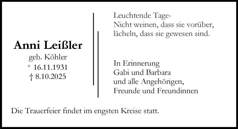  Traueranzeige für Anni Leißler vom 11.10.2025 aus Darmstädter Echo