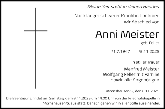 Traueranzeige von Anni Meister von Hinterländer Anzeiger