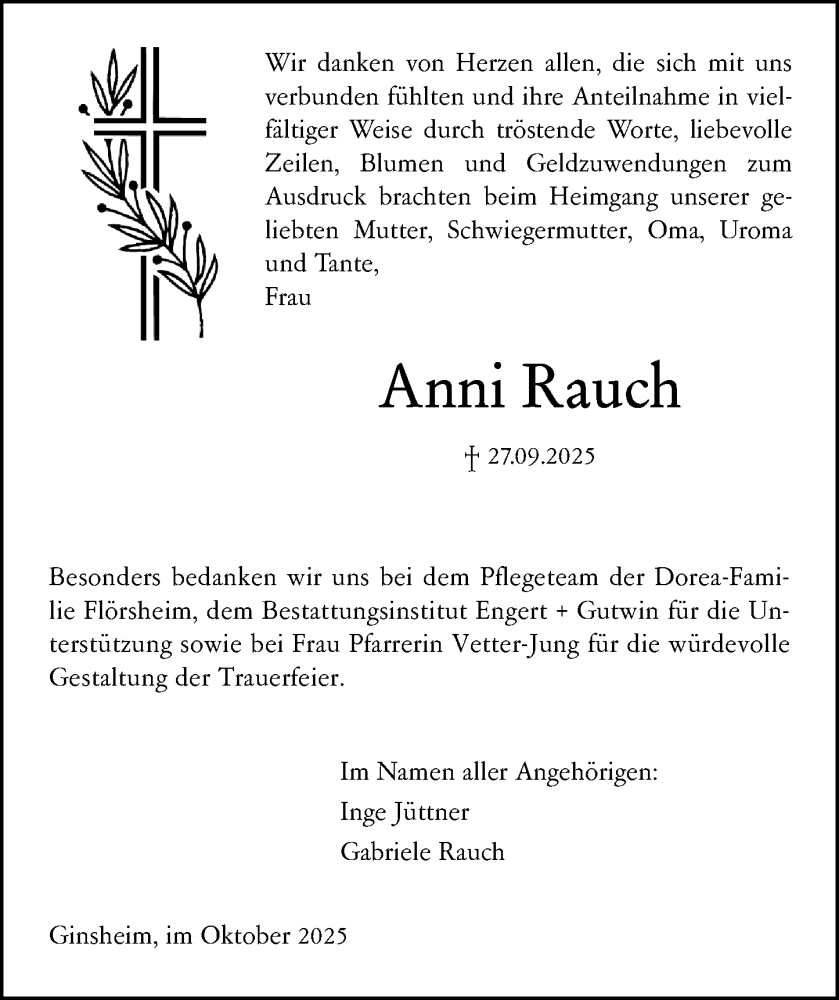  Traueranzeige für Anni Rauch vom 05.11.2025 aus Rüsselsheimer Echo