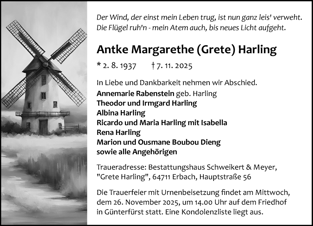  Traueranzeige für Antke Margarethe Harling vom 15.11.2025 aus Odenwälder Echo