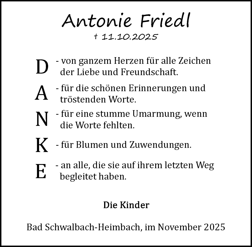  Traueranzeige für Antonie Friedl vom 29.11.2025 aus Idsteiner Land/Untertaunus