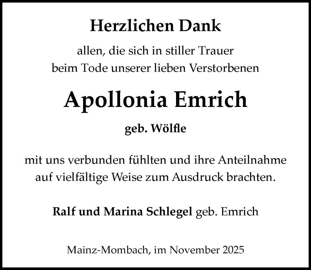  Traueranzeige für Apollonia Emrich vom 29.11.2025 aus Allgemeine Zeitung Mainz