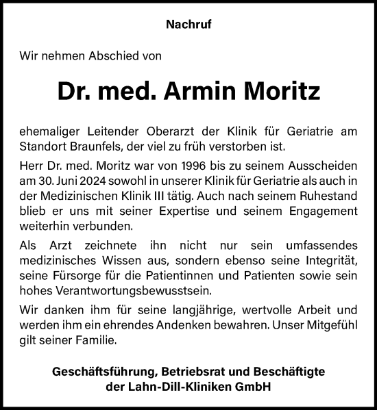 Traueranzeige von Armin Moritz von Wetzlarer Neue Zeitung
