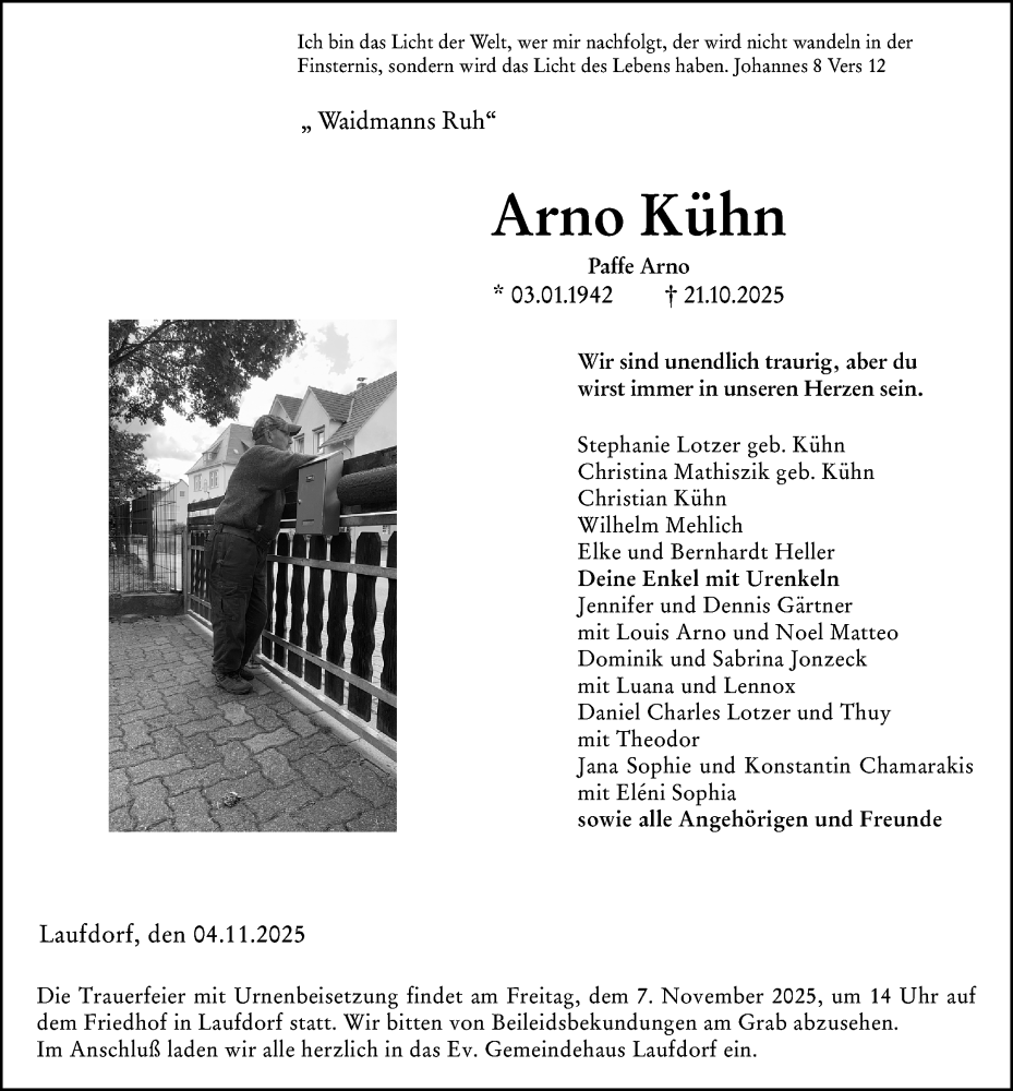  Traueranzeige für Arno Kühn vom 05.11.2025 aus Wetzlarer Neue Zeitung