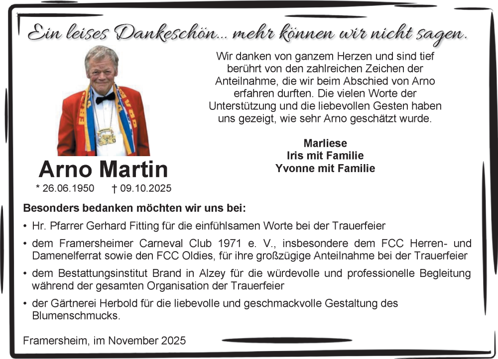  Traueranzeige für Arno Martin vom 22.11.2025 aus Allgemeine Zeitung Alzey