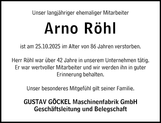 Traueranzeige von Arno Röhl von Darmstädter Echo