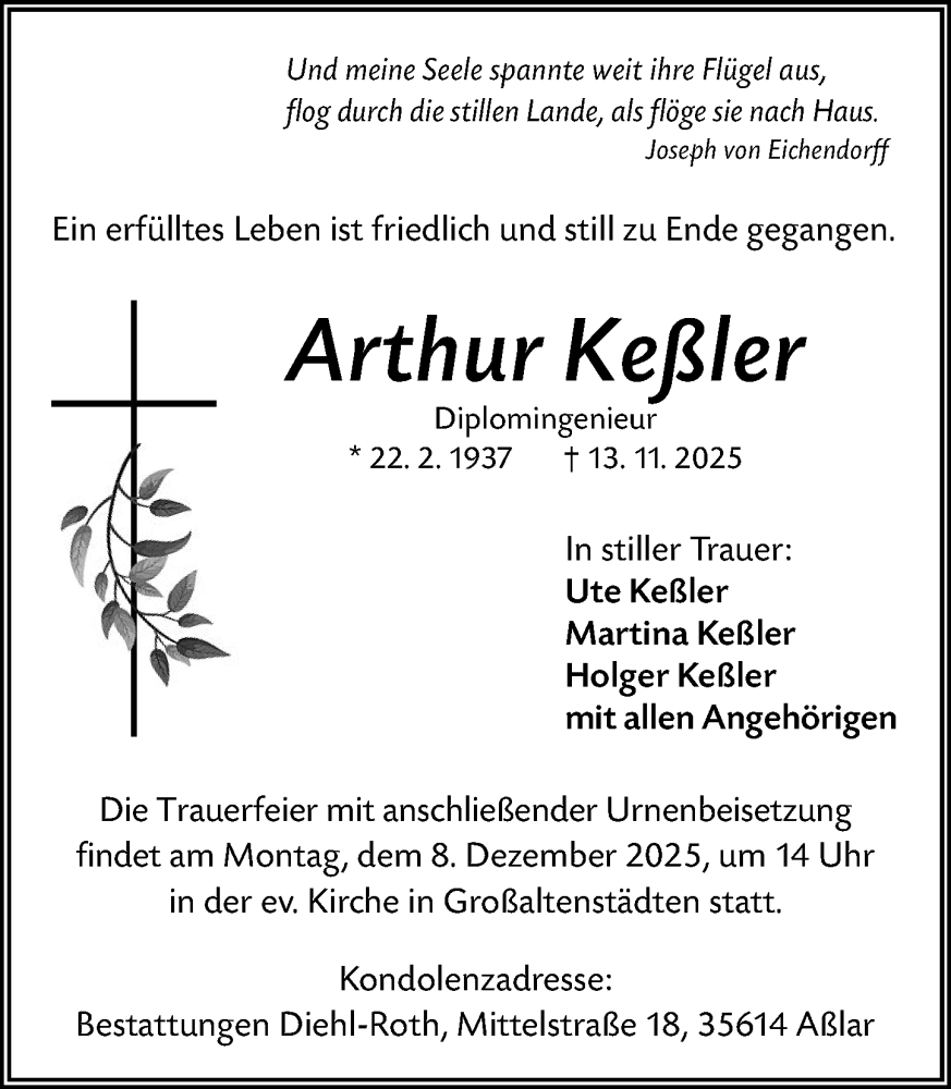  Traueranzeige für Arthur Keßler vom 29.11.2025 aus Wetzlarer Neue Zeitung