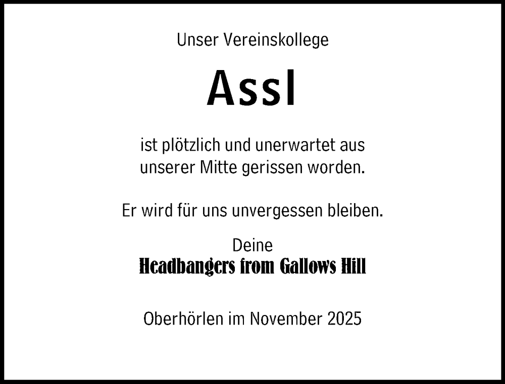 Traueranzeige für Assl  vom 29.11.2025 aus Hinterländer Anzeiger