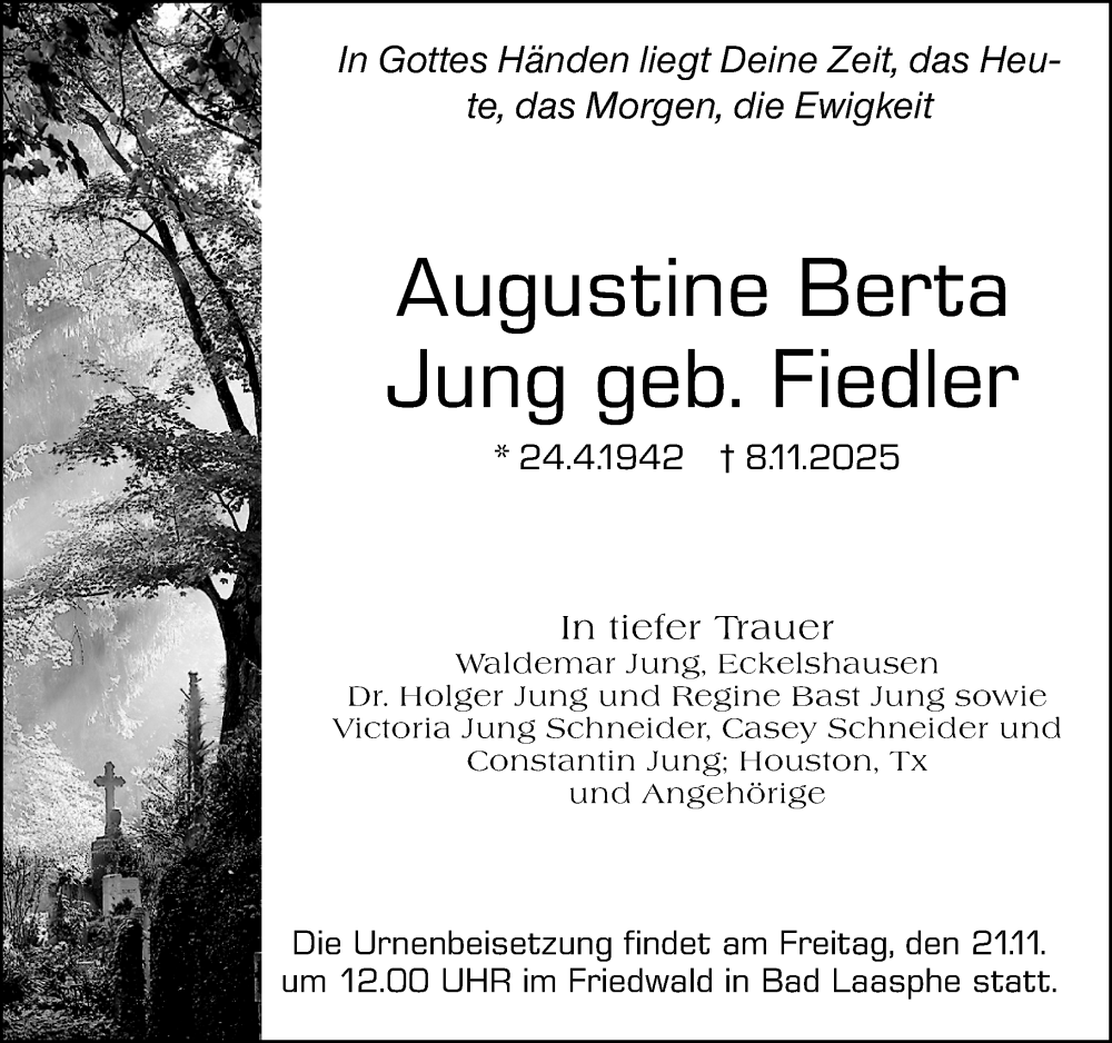  Traueranzeige für Augustine Berta Jung vom 17.11.2025 aus Hinterländer Anzeiger