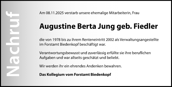 Traueranzeige von Augustine Berta Jung von Hinterländer Anzeiger