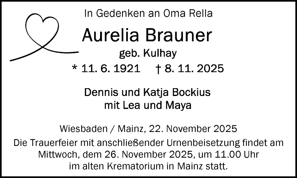 Traueranzeige für Aurelia Brauner vom 22.11.2025 aus Wiesbadener Kurier