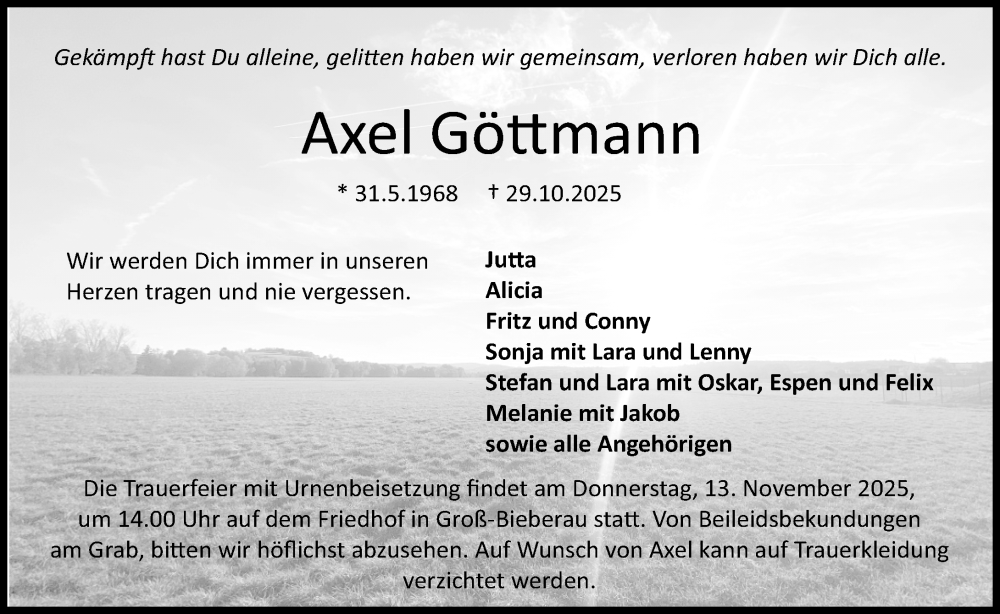  Traueranzeige für Axel Göttmann vom 08.11.2025 aus Darmstädter Echo