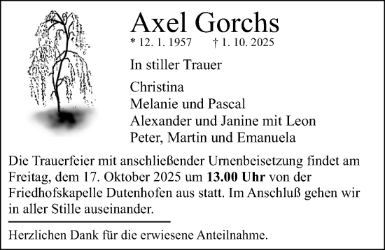 Traueranzeige von Axel Gorchs von Wetzlarer Neue Zeitung