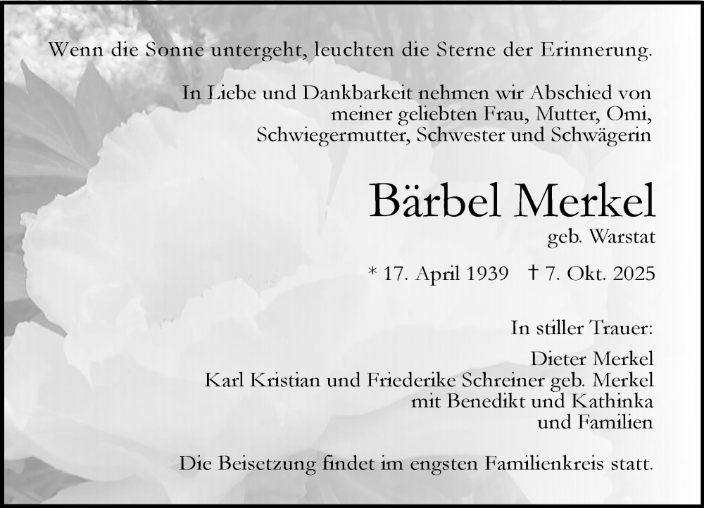  Traueranzeige für Bärbel Merkel vom 11.10.2025 aus Darmstädter Echo
