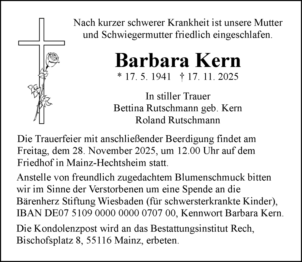  Traueranzeige für Barbara Kern vom 22.11.2025 aus Allgemeine Zeitung Mainz