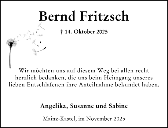 Traueranzeige von Bernd Fritzsch von Wiesbadener Kurier