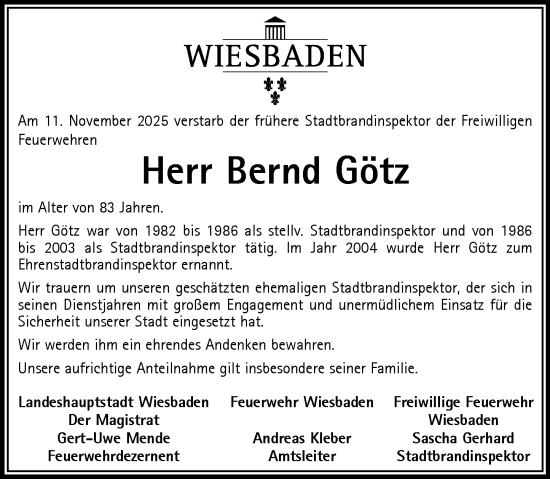 Traueranzeige von Bernd Götz von Wiesbadener Kurier
