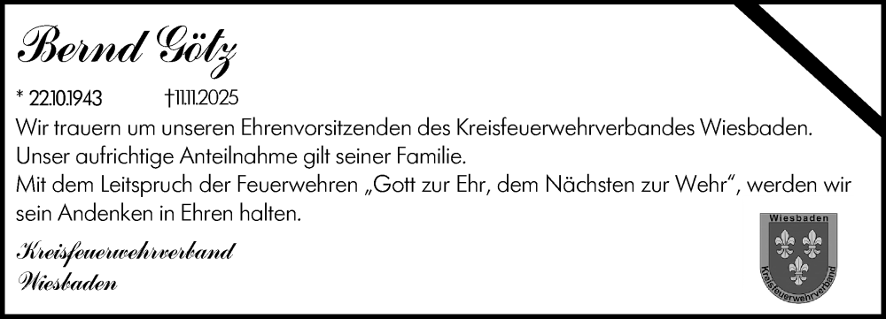  Traueranzeige für Bernd Götz vom 22.11.2025 aus Wiesbadener Kurier