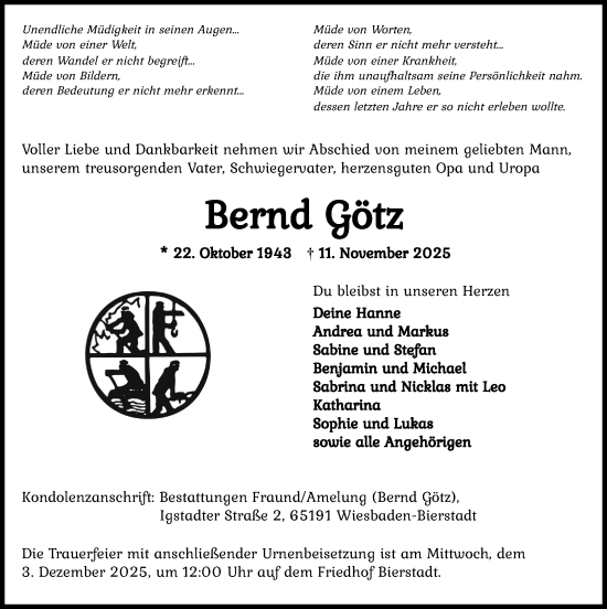 Traueranzeige von Bernd Götz von Wiesbadener Kurier