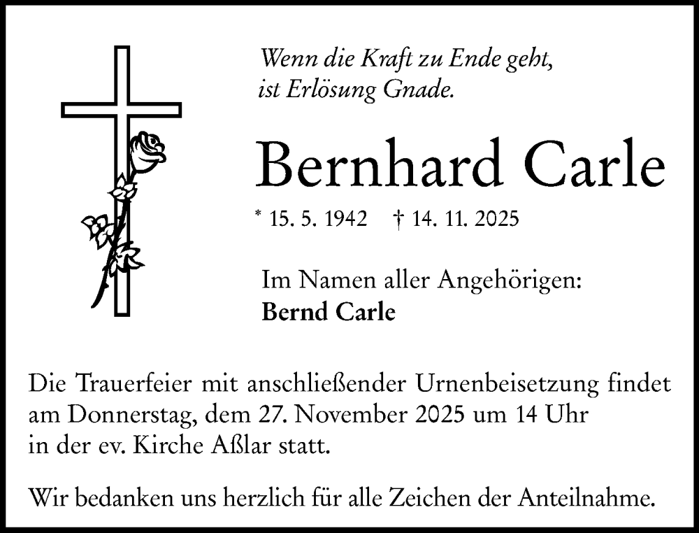  Traueranzeige für Bernhard Carle vom 22.11.2025 aus Wetzlarer Neue Zeitung