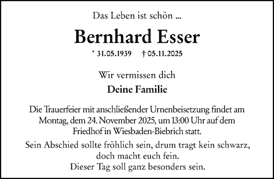 Traueranzeige von Bernhard Esser von Wiesbadener Kurier