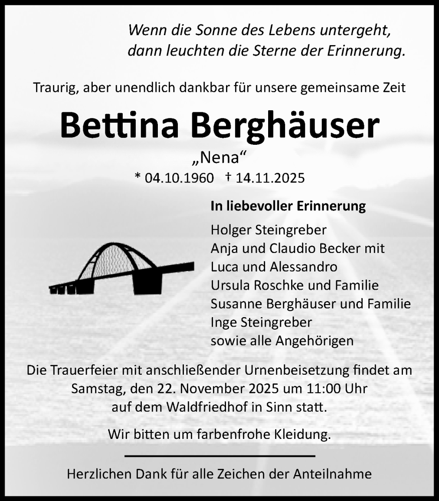  Traueranzeige für Bettina Berghäuser vom 19.11.2025 aus Dill Block