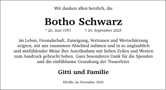 Traueranzeige von Botho Schwarz von Wiesbadener Kurier