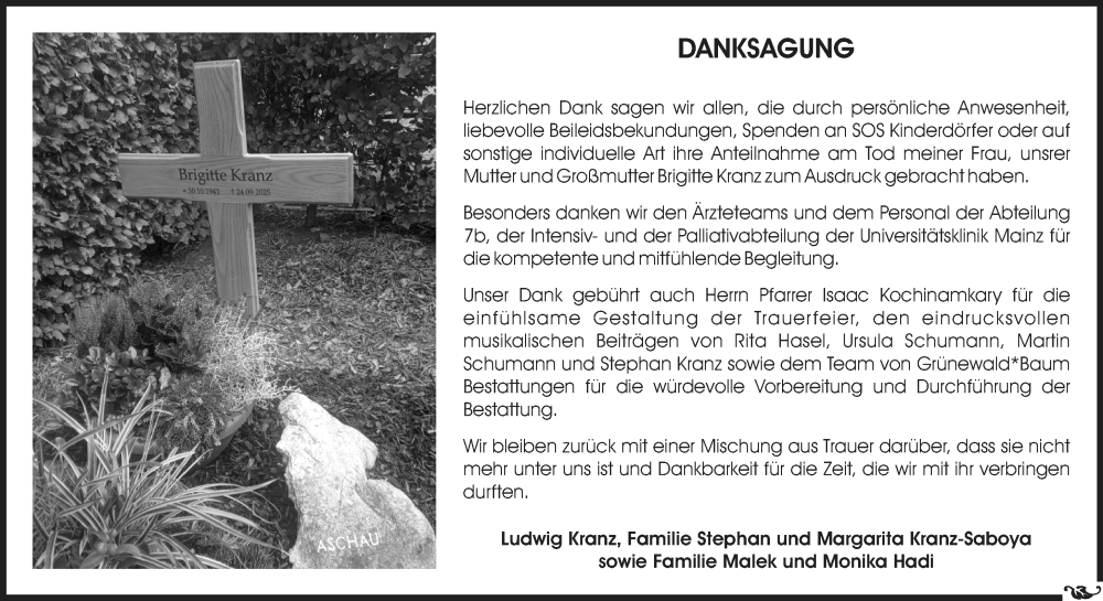  Traueranzeige für Brigitte Kranz vom 08.11.2025 aus Allgemeine Zeitung Mainz