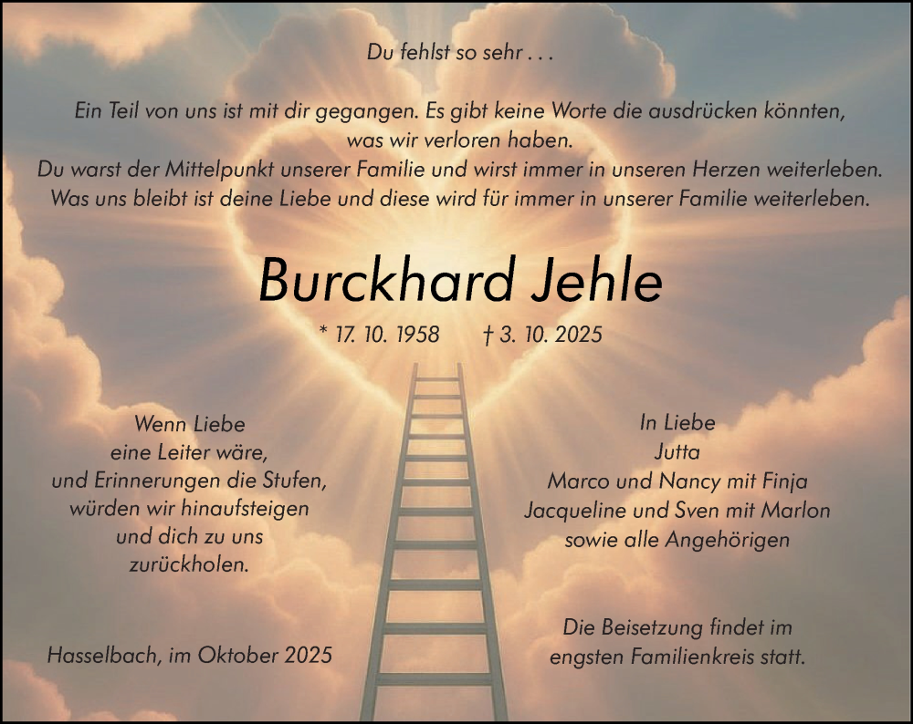  Traueranzeige für Burckhard Jehle vom 11.10.2025 aus Weilburger Tageblatt