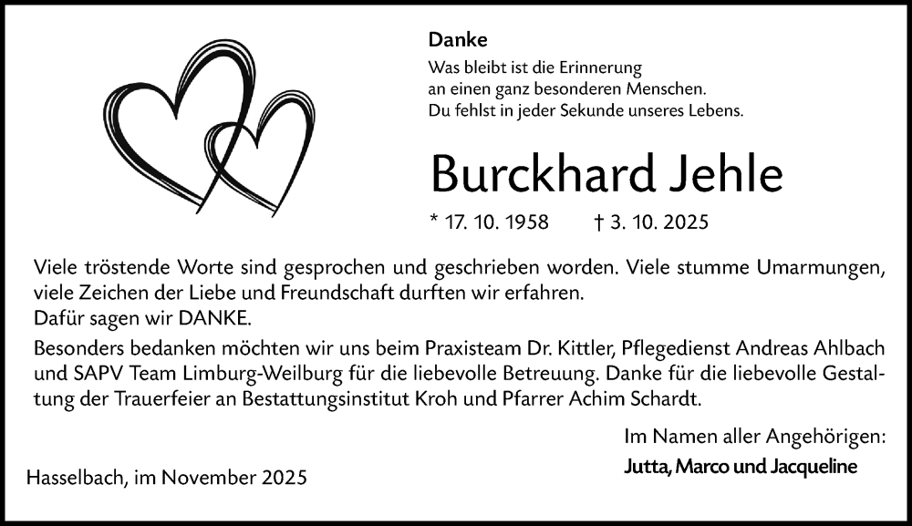  Traueranzeige für Burckhard Jehle vom 15.11.2025 aus Weilburger Tageblatt