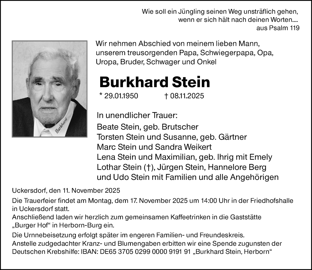  Traueranzeige für Burkhard Stein vom 11.11.2025 aus Dill Block