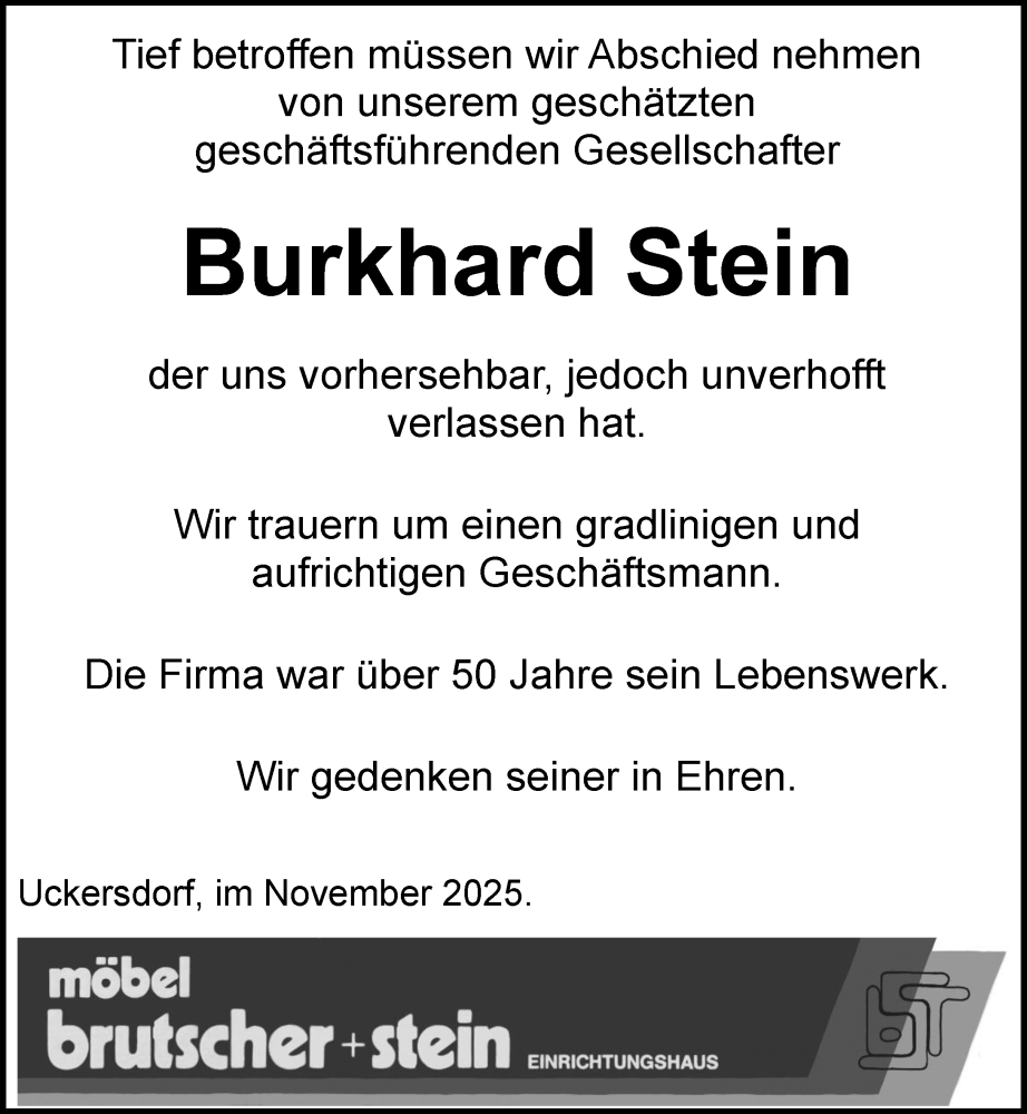  Traueranzeige für Burkhard Stein vom 17.11.2025 aus Dill Block