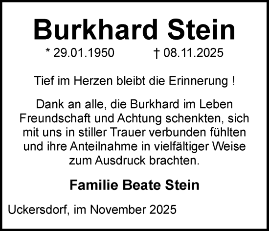 Traueranzeige von Burkhard Stein von Dill Block