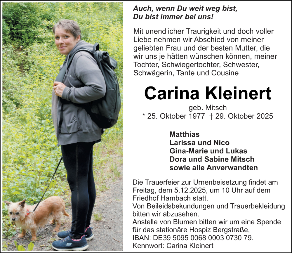  Traueranzeige für Carina Kleinert vom 29.11.2025 aus Starkenburger Echo