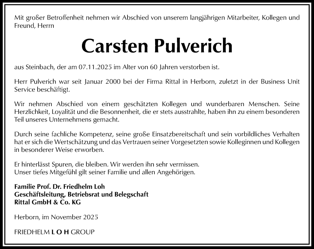  Traueranzeige für Carsten Pulverich vom 14.11.2025 aus Dill Block