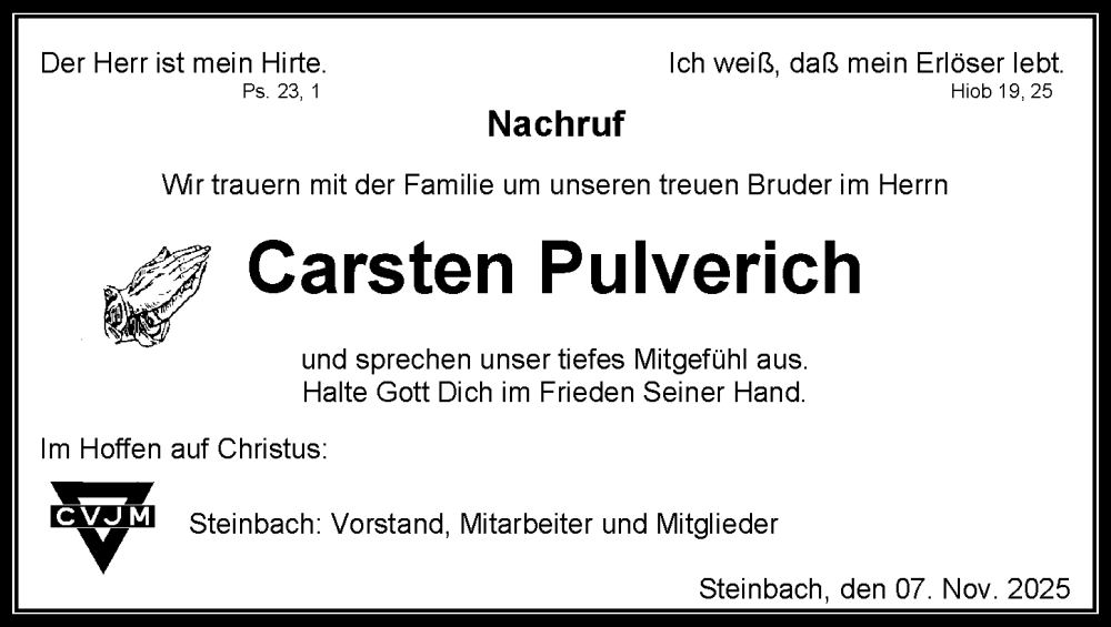  Traueranzeige für Carsten Pulverich vom 15.11.2025 aus Dill Block