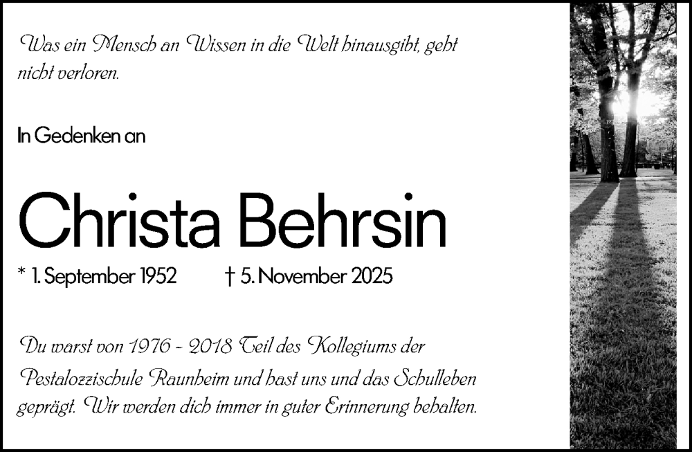  Traueranzeige für Christa Behrsin vom 26.11.2025 aus Rüsselsheimer Echo