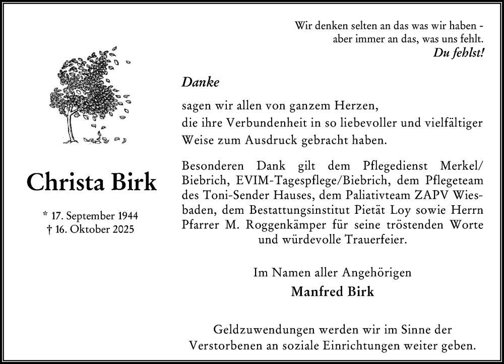  Traueranzeige für Christa Birk vom 15.11.2025 aus Wiesbadener Kurier